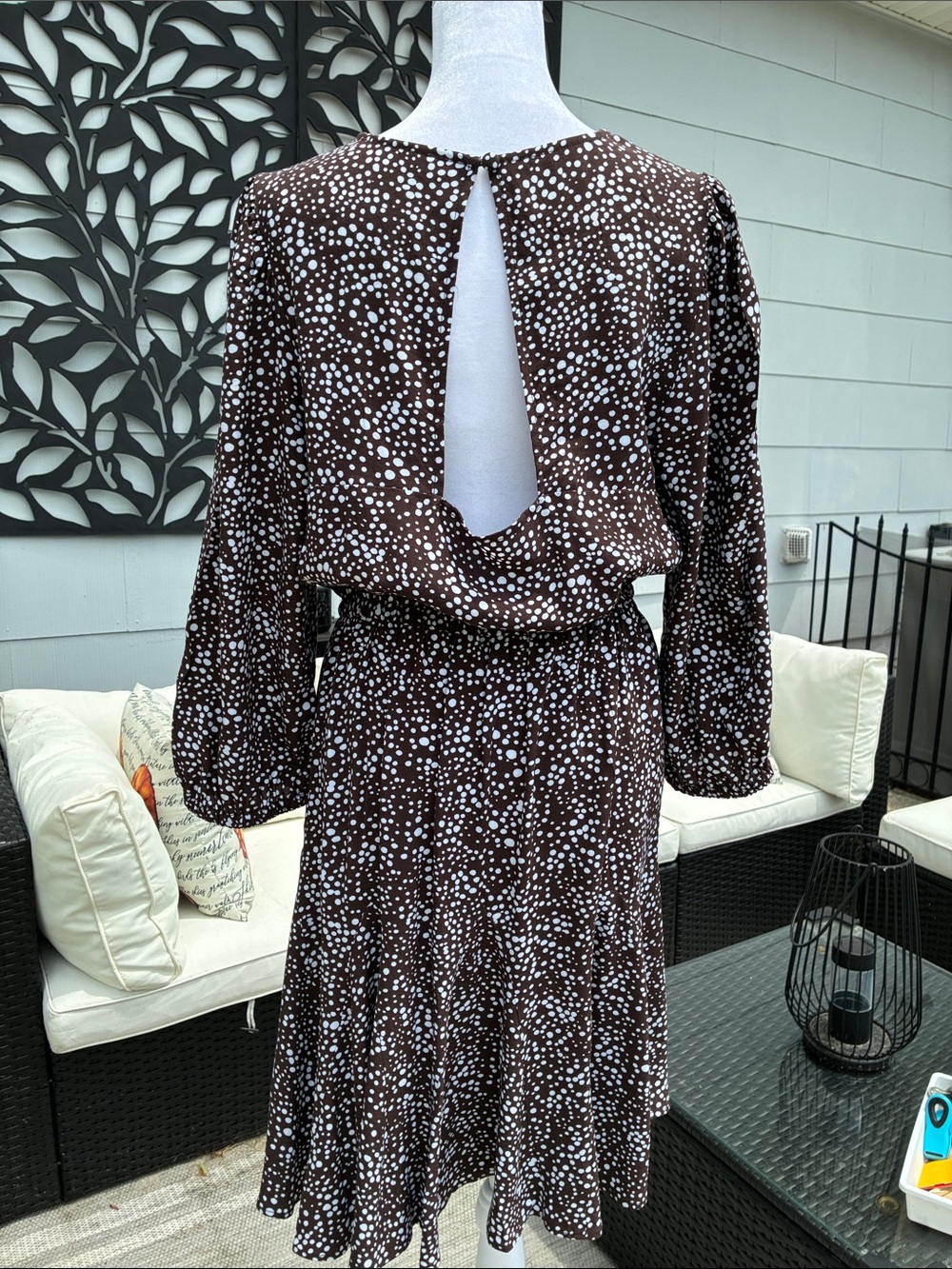 LOFT L/S Brown and White Polka Dot Dress, Lg Open Keyhole Back, Size S.